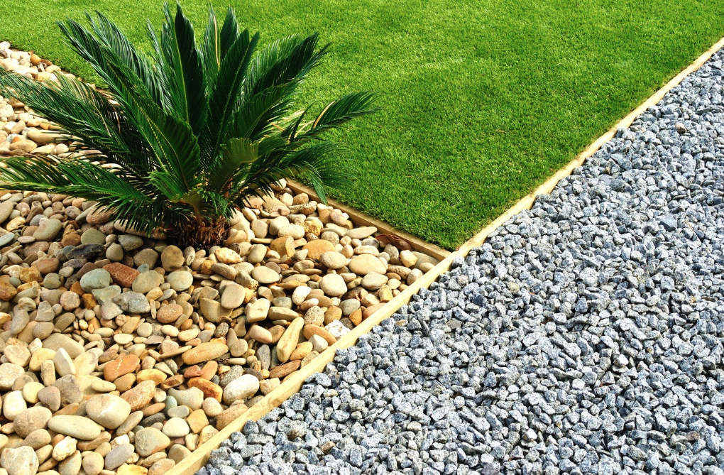 a close up of a plant in brown stones, green grass, and a gravel path
