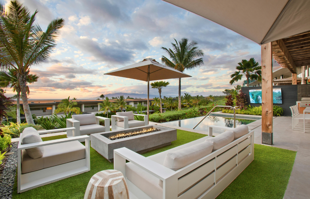 outdoor living area at dusk